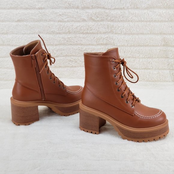 Light Weight Tan Wood Look Chunky Platform Combat Boots Stamp - Picture 9 of 12